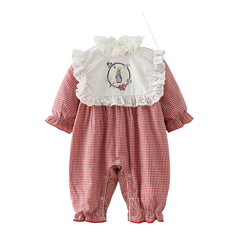 Baby Onesies Plus Velvet Padded Rabbit Plaid Baby Romper