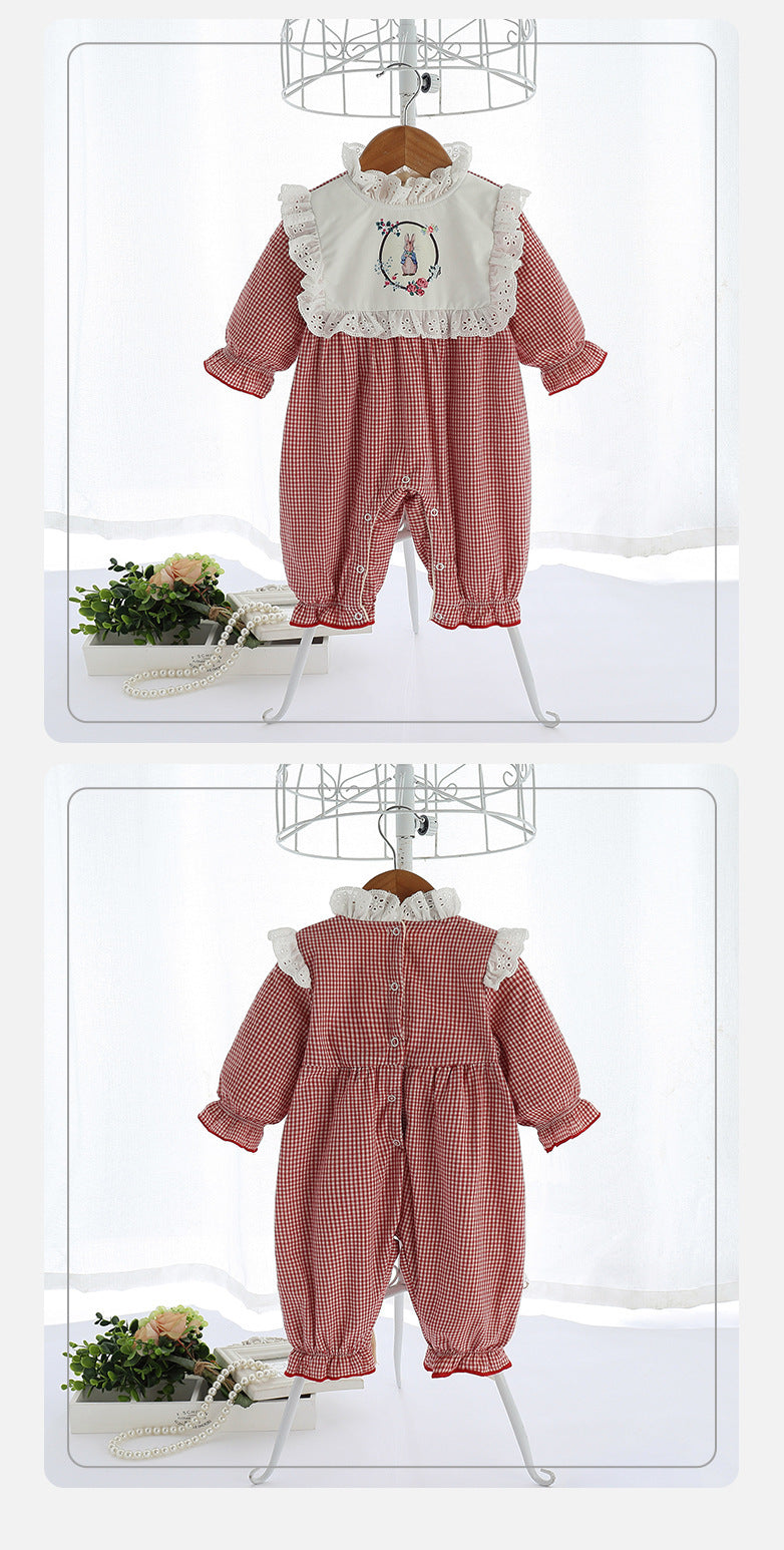 Baby Onesies Plus Velvet Padded Rabbit Plaid Baby Romper