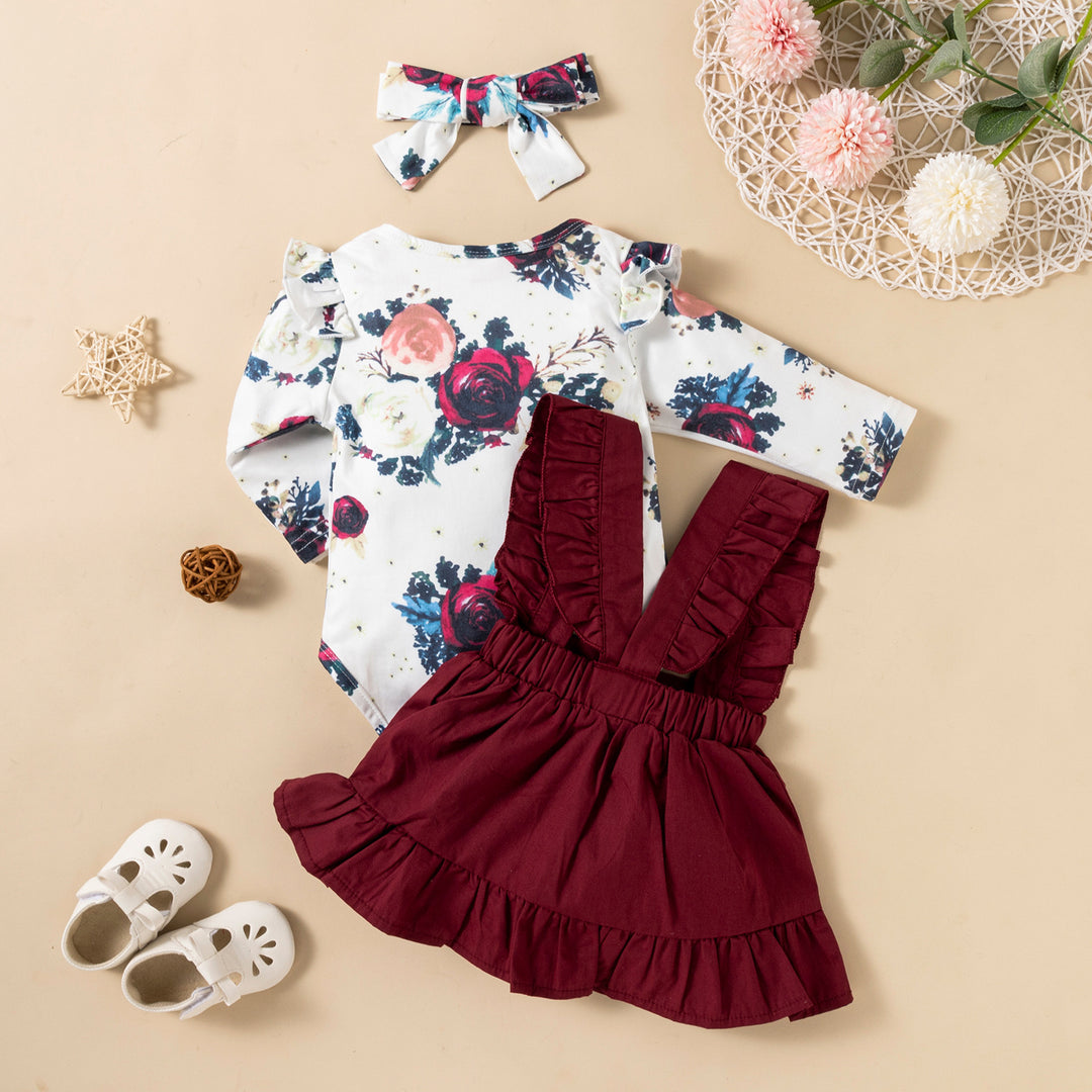 Printed Long-sleeved Baby Girl Romper Two-color Strap Ruffled Dress Headdress Three Pieces